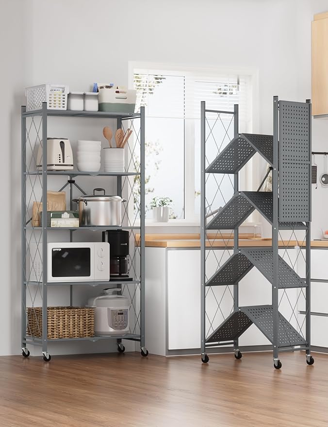 ALANNG 70.7" H Metal Storage Shelves, 5 Tier Folding Storage Shelves on Wheels, Heavy Duty Collapsible Shelving Unit, No Assembly Storage Rack for Kitchen, Basement, Pantry (Grey,1 Pack)