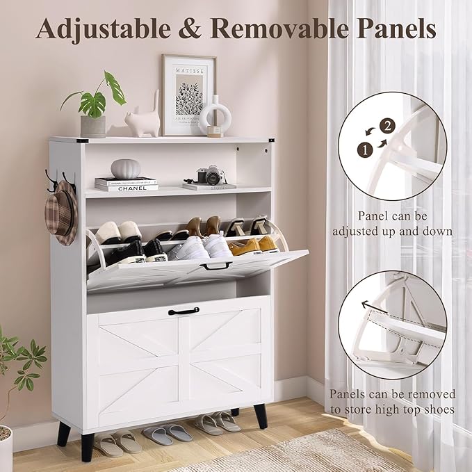 Shoe Storage Cabinet for Entryway - Narrow Shoe Rack Cabinet with 2 Flip Drawers, Shoe Organizer with Adjustable Shelves Free Standing Slim Hidden Shoe Cabinet with Hooks for Hallway Foyer Garage-NeatNest