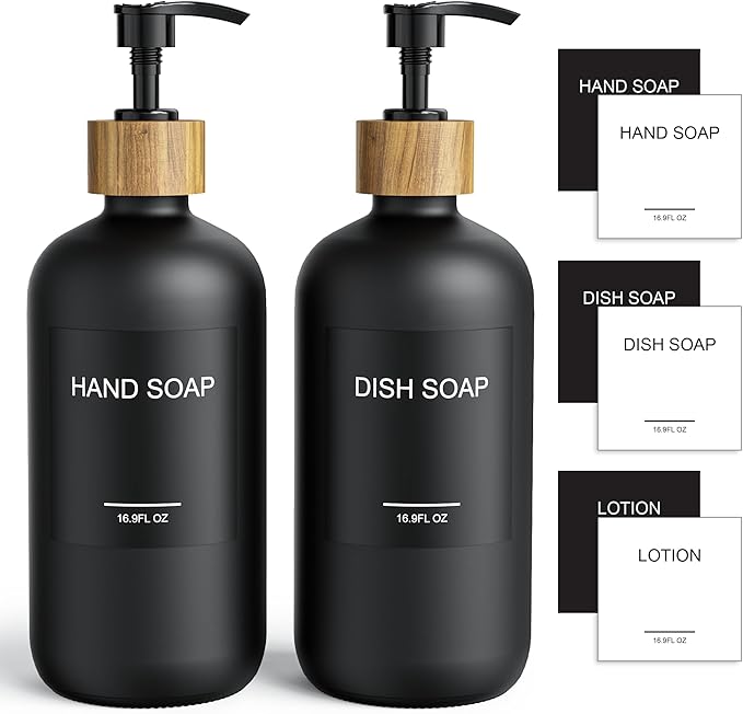 Cisily 2 Pack Black Kitchen Soap Dispenser Set with Wooden Pump, Dish and Hand Soap Lotion Dispenser Set with 6 Waterproof Stickers for Kitchen and Bathroom Decor for Counter, Modern Vintage Liquid-NeatNest