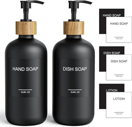 Cisily 2 Pack Black Kitchen Soap Dispenser Set with Wooden Pump, Dish and Hand Soap Lotion Dispenser Set with 6 Waterproof Stickers for Kitchen and Bathroom Decor for Counter, Modern Vintage Liquid-NeatNest