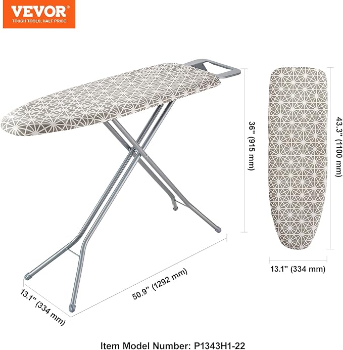 VEVOR Ironing Board with Large 51 x 13 Ironing Surface, Thickened 4 Layers Iron Board with Heat Resistant Cover and 100% Cotton Cover, 7 Adjustable Heights Ironing Board for Home Laundry Room Use