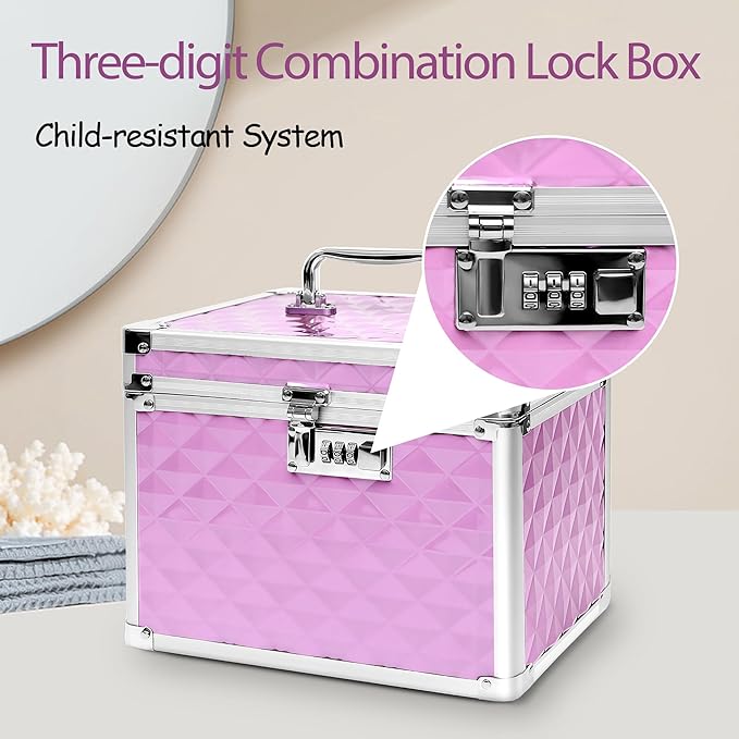 Medication Combination Lock Boxes with Code for Personal Items, Medicine Lockbox for Documents 10 x 7.25 x 7.75 Inches Plaid Pink