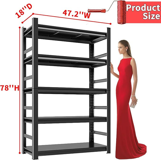 Bookshelf 5 Tier Metal Wide Bookshelves, Heavy Duty Bookcase Tall Book Shelf Storage Organizer, Adjustable Bookshelf For Bedroom/Living Room/Home Office/Library, Black(with fence-78"H*47.24"W*18"D)-NeatNest