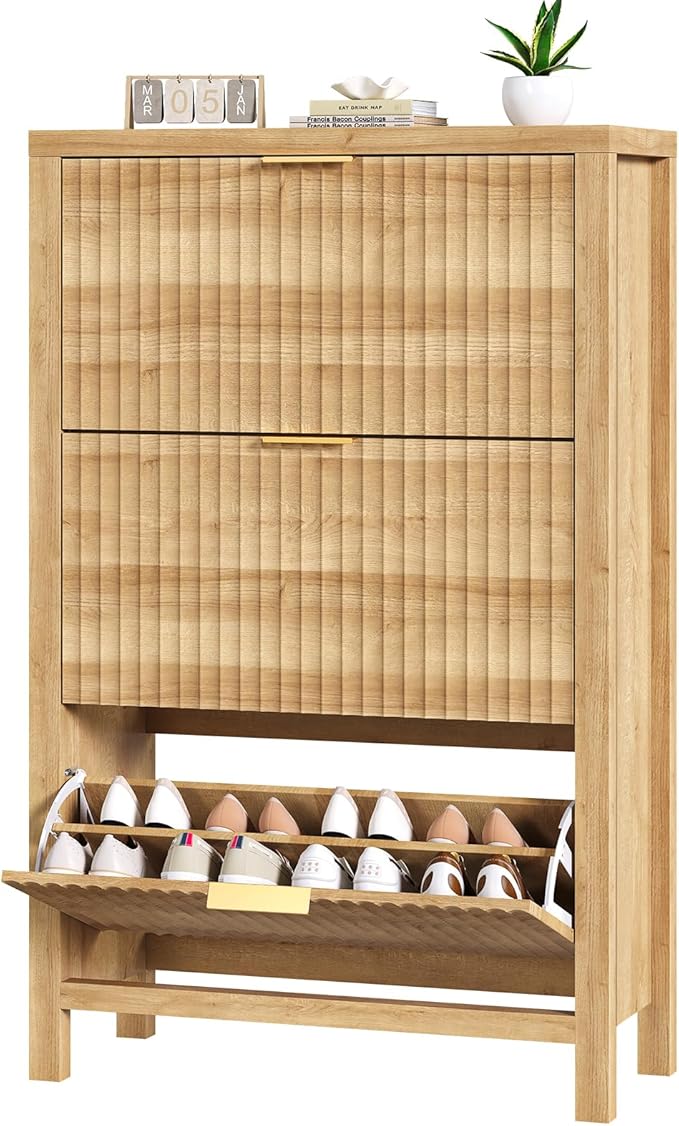 Shoe Cabinet Storage for Entryway, Fluted Shoe Cabinet with 3 Flip Drawers, Hidden Shoe Rack Tall Freestanding Shoe Organizer with Legs for Hallway, Wood-NeatNest