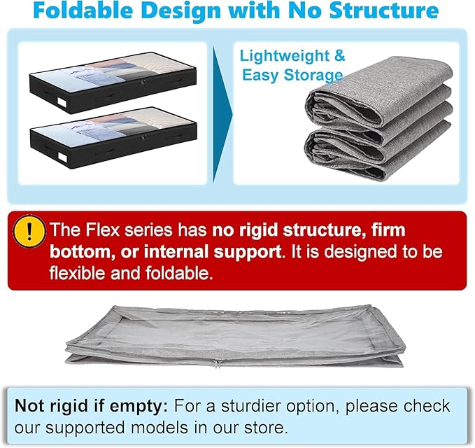 4 Inch Low Profile Under Bed Storage Drawer 4 Pack, Lightweight Underbed Clothes Storage Container Bins with NO STURCTURE, Shallow Storage Bag for Dorm & Home, With Clear Lids and Waterproof Fabric-NeatNest