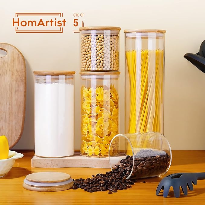 Glass Jars with Bamboo Lids [Muti Size Set of 5], Glass Canisters with Airtight Lids, Glass Food Storage Containers for Pasta, Oats, Coffee, Flour, Sugar, Rice, Best for Kitchen & Pantry-NeatNest