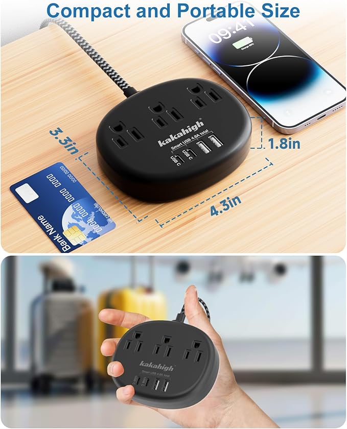 Black Extension Cord 10 Feet, 1625W Extension Cord 3 Prong with 3 AC Outlet 4 USB (24W/4.8A), Bedside Charging Station for Home, Office and Dorm-NeatNest