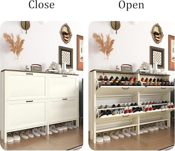 Shoe Cabinet with 4 Flip Drawers, Narrow Shoe Storage Cabinet, Freestanding Shoe Cabinet Organizer, Hidden Shoe Rack Cabinet for Entryway, Hallway (4-Drawers, Off White-Brown)-NeatNest