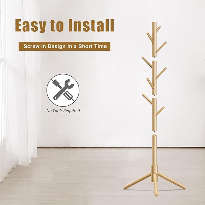 Wooden Coat Rack, Free Standing Coat Rack with 8 Hooks 3 Adjustable Heights for Clothes, Hats, Handbags, Coat Tree Easy Assembly for Entryway, Bedroom, Hallway, Office (New Nature)-NeatNest