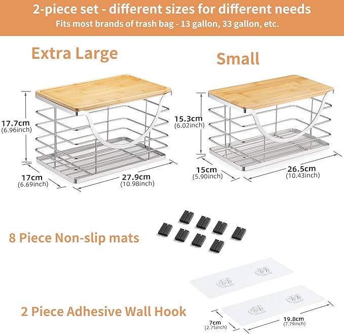 Extra Large Trash Bag Holder Stackable Kitchen Storage Slive, 2 Pack Wall Mounted Pantry Organizers and Storage with Bamboo Top, Garbage Bag Dispenser Under Sink for Laundry Room and Kitchen-NeatNest