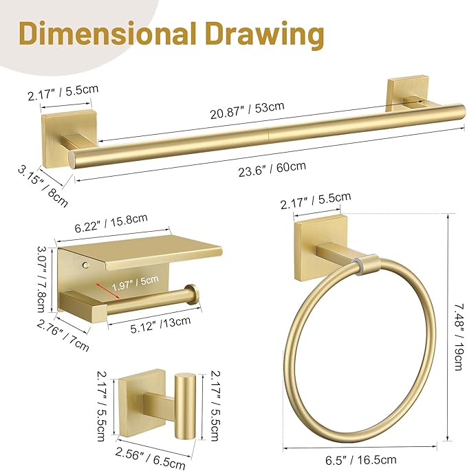 5PCS Brushed Gold Bathroom Hardware Set, SUS304 Stainless Steel Towel Bar Set-23.6 inches Towel Bar, Toilet Paper Holder with Shelf, Towel Ring and Two Towel Hooks, Towel Holder Set Wall-Mounted