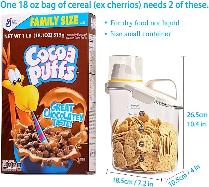 Cereal Containers Storage,2L Airtight Large Dry Food Storage Containers with Pouring Spout, Measuring Cup for Flour and Grain,BPA Free Plastic Dispenser ((1pcs) White-67oz)-NeatNest