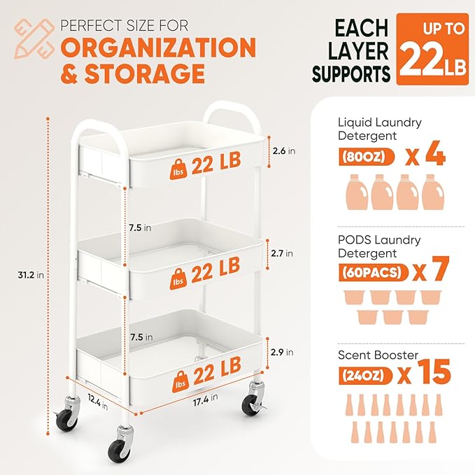 Sekey 3 Tier Rolling Cart Metal, NO Screws Assemble Utility Cart on Wheels, Heavy Duty Storage Cart with Lockable Wheels for Baby Nursery, Bathroom, Kitchen, Laundry Room, White
