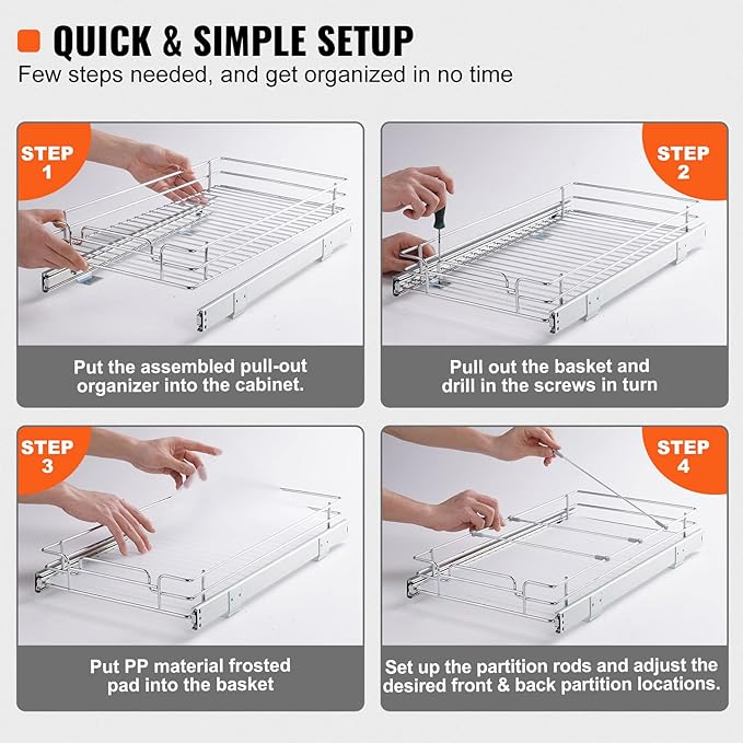 VEVOR 12.5"Wx16.5"Dx3.5"H Pull Out Cabinet Organizer, Heavy Duty Slide Out Pantry Shelves, Chrome-Plated Steel Roll Out Drawers Storage, for Home, Under Sink, 14"Wx17.5"Dx7"H Install Size for Cabinet-NeatNest