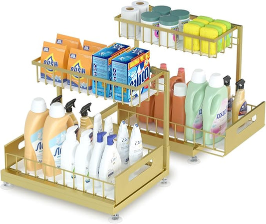 2 Pack Under Sink Organizer Storage 2-Tier Premium Metal Pull-Out Racks, Height Adjustable, Easy Installation | Kitchen & Bathroom Organizers-NeatNest