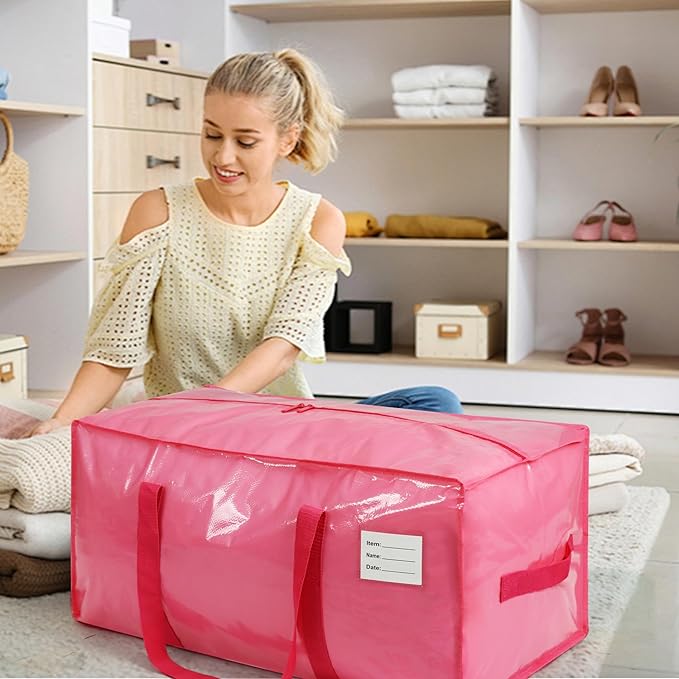 4 Pack Extra Heavy Duty Large Moving Bags with Comfortable Handle & Strong Zipper,Storage Totes for Space Saving Moving Storage College Supplies Alternative to Moving Box,Pink