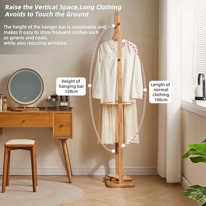 Coat Rack Freestanding, Coat Tree with 2 Main Rods and Stable Design, Clothes Racks for Hanging Coats Clothes Suits Jacket, Easy to Assemble and Very Sturdy, Natural Wood Color USYD-202-NeatNest