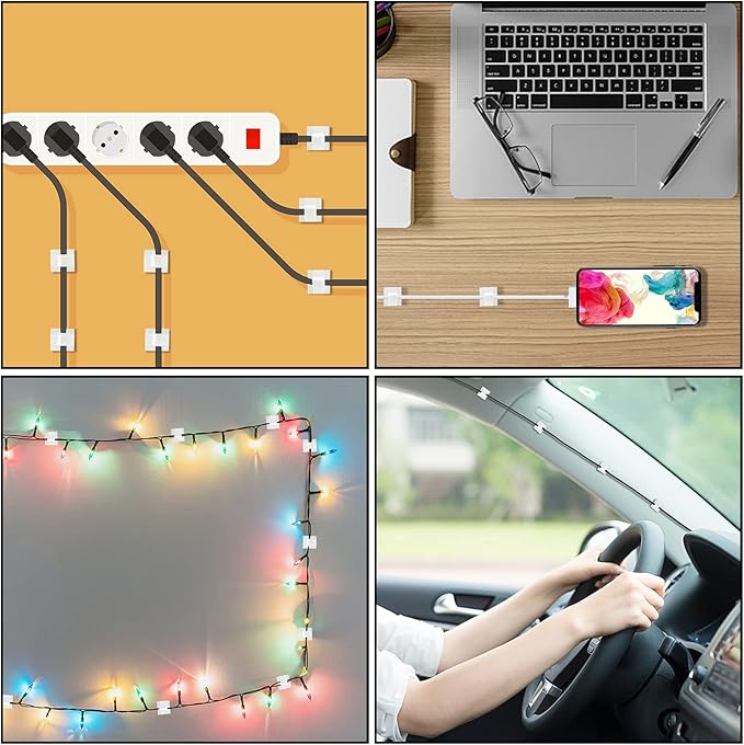 200 Pcs Cable Clips, Adhesive Cable Organizer Cord Holder Wire Clip Wire Management Self Adhesive Hooks Wire Holder for Office, Home(White, 200PCS)-NeatNest