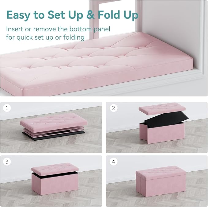 BRIAN & DANY Folding Storage Ottoman Bench, Ottoman with Storage, Foot Rest, Benches Seat for Bedroom, Living Room, Entryway, Long Shoes Bench, 15.7" x 31.5" x 15.7" Pink-NeatNest