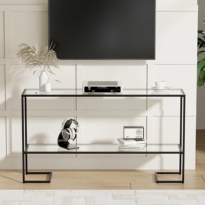 Cozy Castle 52" Console Table, 2-Tier Narrow Tempered Glass Sofa Table with Metal Frame for Living Room, Hallway, Bedroom, Black-NeatNest