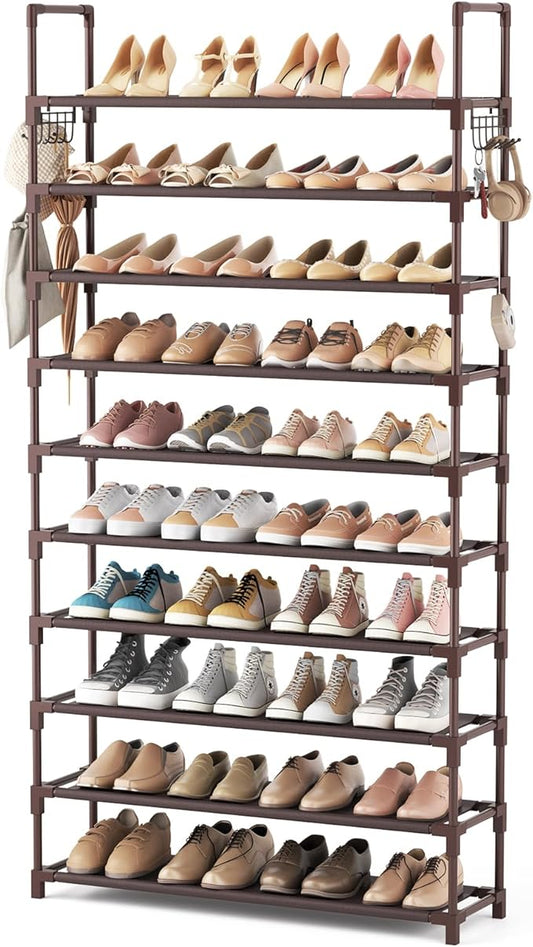 VTRIN 10 Tiers Shoe Rack Tall Large Capacity 50 Pairs Wide Shoe Organizer Sturdy Shoe Shelf for Entryway with Two Hooks Metal Shoe Storage for Closet, Bedroom, Brown-NeatNest
