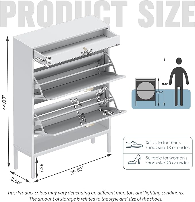 Brafab Shoe Storage Cabinet with 2 Flip Drawers&1 Small Drawer, Slim Entryway Shoe Organizer with Sun Pattern Doors for Leather Shoes,Pure White-NeatNest