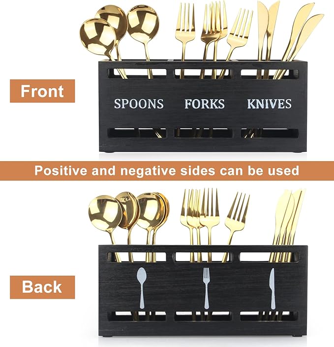 Ayiaren Wooden Silverware Caddy Flatware Cutlery Holder Wood Silverware Organizer Containers Small Black Kitchen Utensil Holder for Countertop Spoon and Fork Holder Flatware Utensils Caddy for Party-NeatNest