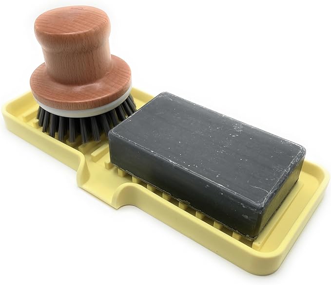 Happitasa Silicone Soap Dish Tray and Sponge Holder with Drain Chute | Bathroom and Kitchen Sink Organizer Caddy (Pale Yellow, 9"x3.5", 5.6 Ounces)-NeatNest