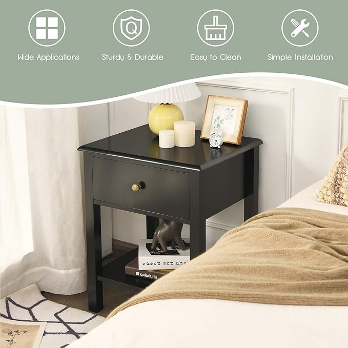 Giantex Nightstand, 2-Tier End Table with Drawer and Open Storage Shelf, Modern Bedside Tables, Wooden Side Table Night Stand for Bedroom, Dorm, Small Spaces, Easy Assembly, Black