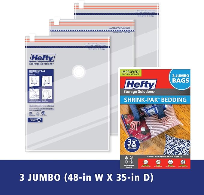 Hefty Shrink-Pak Vacuum Storage Bags - Space Saver for Under Bed Storage, Clothing and Comforters, Odor Resistant, 3X More Storage Space - 3 Jumbo Bags-NeatNest