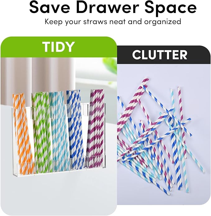 Clear Acrylic Straw Holder for Cabinet Door - Reusable Straw Organizer with Adhesive Backing, Space-Saving Kitchen Storage for Counter/Cupboard (Large, Transparent)-NeatNest