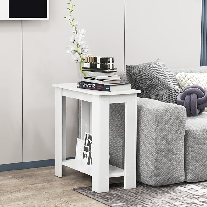 GOFLAME 24” Side Table Set of 2, 2-Tier Rectangular End Table with Storage Shelf, Multipurpose Night Stand for Bedroom, Living Room, White