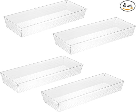 Backerysupply 4 Pack Storage Bins For Bathroom Cosmetic Makeup Vanity Clear Plastic Desk Drawer Organizers Tray Kitchen Utensils Silverware Dividers 15"x6"x2"-NeatNest