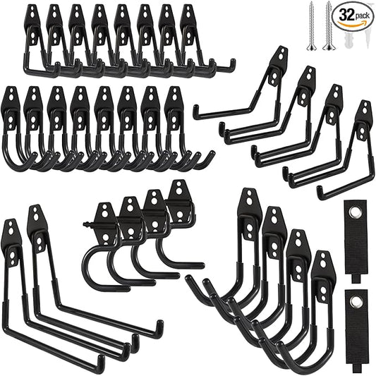 Garage Hook Heavy Duty Wall Storage Hangers, 32 Pack Garage Storage Hooks Steel Tool Black for Ladders, Ropes, Garden Tools-NeatNest