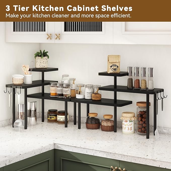 IBUYKE Countertop Organizer,3-Tier Spice Racks,Kitchen Counter Corner Shelf,4 Side Hooks,Adjustable Countertop Shelf for Kitchen, Bathroom, Coffee Bar, Cabinet, Desk,Black,TLJ023B-NeatNest