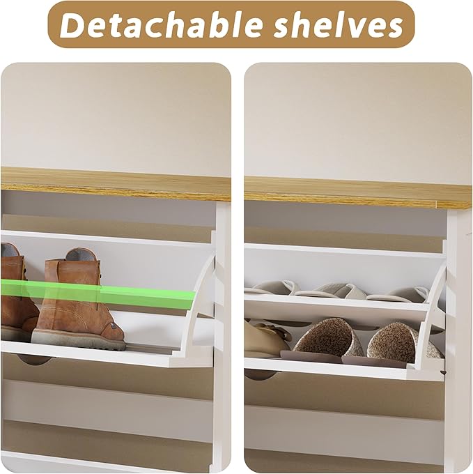 RASOO Shoe Storage Cabinet with 4 Flip Drawers, Freestanding Farmhouse Shoes Organizer Cabinets for Entryway Slim Shoe Rack Cabinet with Adjustable Shelf & Anti-Tipping, White-NeatNest