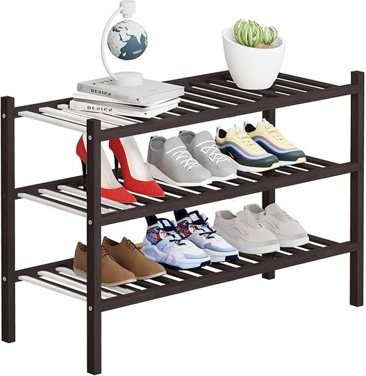 3 Tier Bamboo Shoe Rack Storage Organizer for Closet, Multifunctional Stackable Free Standing Shoe Shelf Organizer for Small Space,Entryway, Hallway, Bathroom27 x11 x20(Brown, 3 Tier)-NeatNest