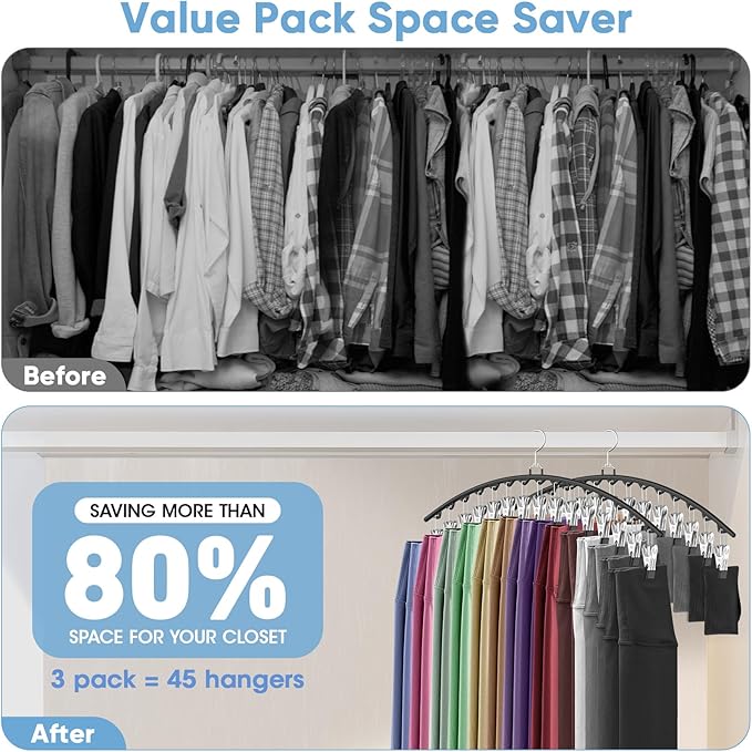 3 Pack Legging Organizer for Closet Hanging, Pants Hangers with 15 Clips Holds 45 Leggings, Shorts, Skirts, Jeans, Hats, Pants Hangers Space Saving Clothes Racks Closet Organizers and Storage, Black-NeatNest