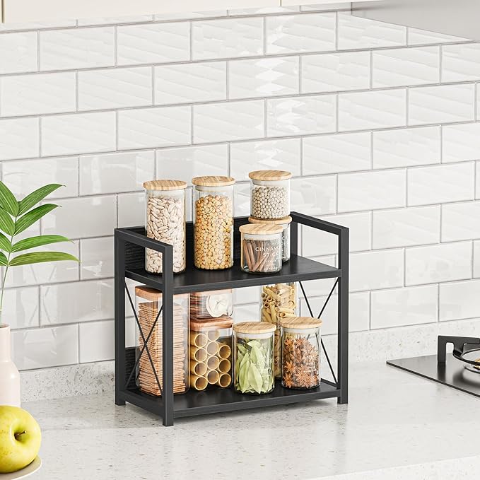 Giikin Kitchen Counter Shelf, 2 Tier Kitchen Spice Rack Organizer for Countertop, Wood Coffee Bar Organizer for Home (Black, S)-NeatNest
