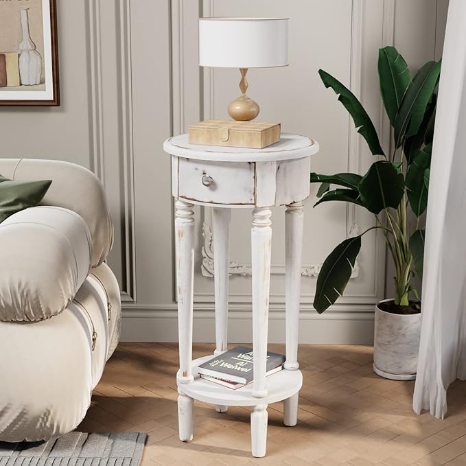 COSIEST Tall End Table with Drawer Sets of 2, Round Nightstand Bedside Table with Storage Shelf, Industrial Telephone End Table for Living Room, Bedroom, Hall Way, Space Saving-NeatNest
