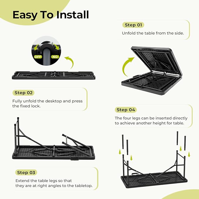 Folding Table, 4ft Folding Table, Black, Waterproof & Heat-Resistant, Foldable for Easy Transport, Steel Frame, Easy to Clean, Stylish Design-NeatNest