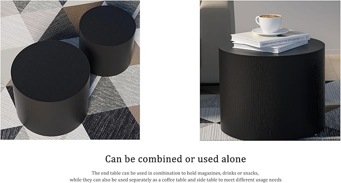 2-Piece Round Nesting Coffee Table, Circle End Table Wood Accent Table, Minimalist Side Table Set for Small Spaces, Living Room, Apartment(Black)