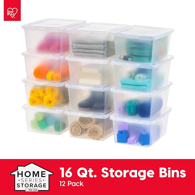 IRIS USA 12-Pack Storage Bins with Lids, 17 Quart, Shoe Boxes Clear Stackable Containers Organize Shoes Closet Shelves, Classroom Organization Teacher Tools, Game Storage - BPA-Free Plastic