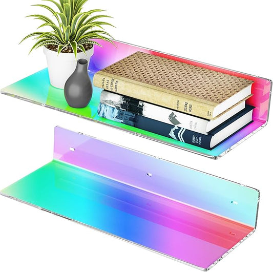 2 Pack Iridescent Acrylic Floating Shelves 15 Inches, Wall Hanging Bathroom Shelves, Wall Storage Shelf for Kitchen, Dining Room, Living Room, Bedroom, Bathroom, Retail, Supermarket-NeatNest