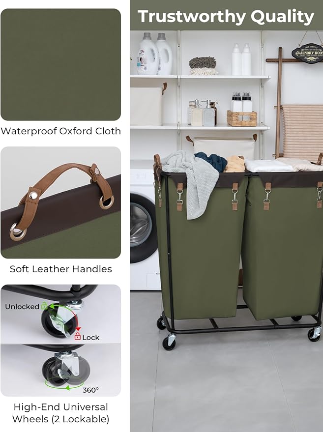 StorageWorks 390L Extra Large Lanudry Hamper with Wheels, 2 Sections Laundry Basket with Wheels, Clothes Sorter Cart with Divider for Hotel, Home, Green, 37.75"L x 17"W x 37.5"H
