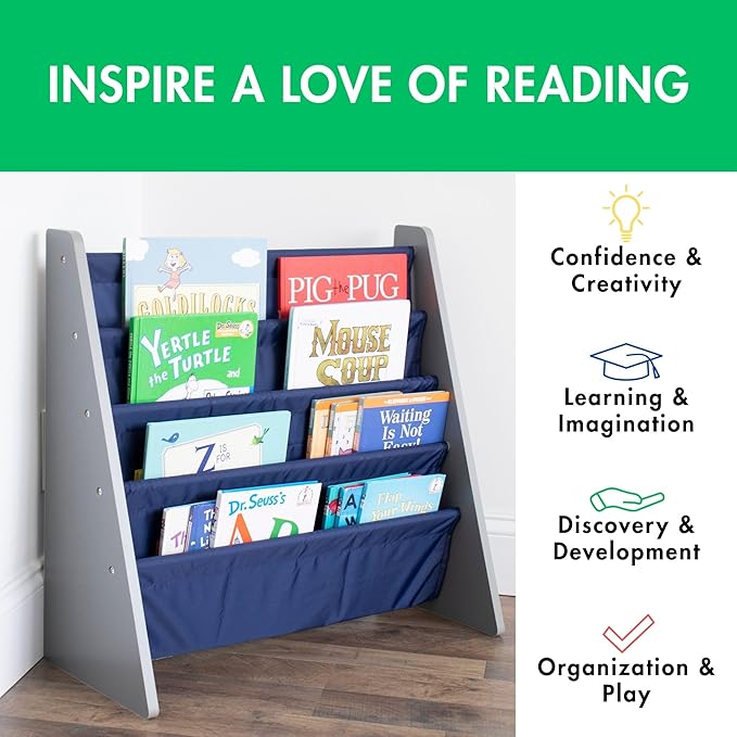 Humble Crew 4-Tier Kids Bookshelf, Grey Wood/Navy - Premium Book Shelf for Kids Rooms with Four Deep Pockets - Toddler Sling Book Rack with Deep Sleeves, Nursery Bookcase Organizer