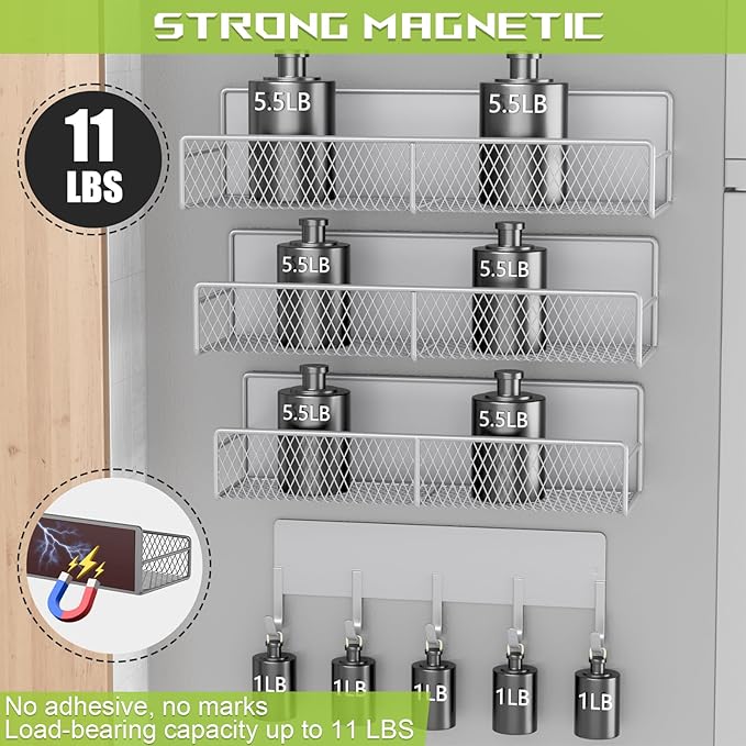 4 Pack Magnetic Shelves for Washing Machine, Heavy-Duty Magnetic Laundry Organizer with Hooks, Washing Machine Shelf for Refrigerator, Metal Storage Baskets, Closet & Laundry Room Organization (Grey)