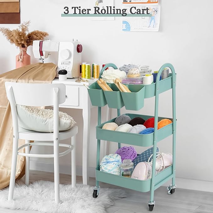 danpinera 3-Tier Rolling Cart, Metal Rolling Storage Cart with Lockable Wheels & Hanging Cups & Hooks, Mobile Trolley for Kitchen, Bathroom, Office, Workshop, Green-NeatNest