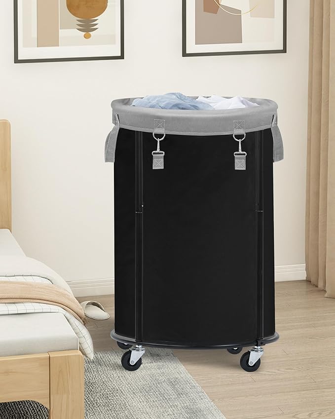 STORAGE MANIAC Rolling Laundry Hamper with Wheels 110L Laundry Basket, Round Laundry Cart with Metal Frame and Removable Bag, Clothes Hamper for Bedroom, Bathroom, Dorm Room, Laundry Room, Black