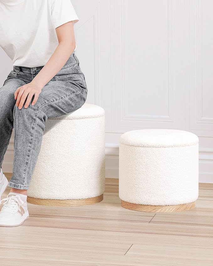 B FSOBEIIALEO Storage Ottoman Round Boucle Ottomans with Tray, Set of 2 Teddy Foot Rest Ottoman Cube with Storage for Living Room, Cream White 15"x15"x16.9"